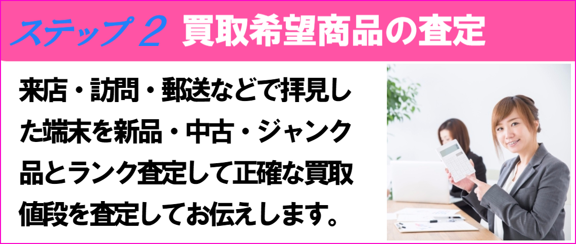 買取りご利用までの流れ2、来店・訪問・郵送などで拝見した携帯端末を査定してお値段をお知らせ致します。