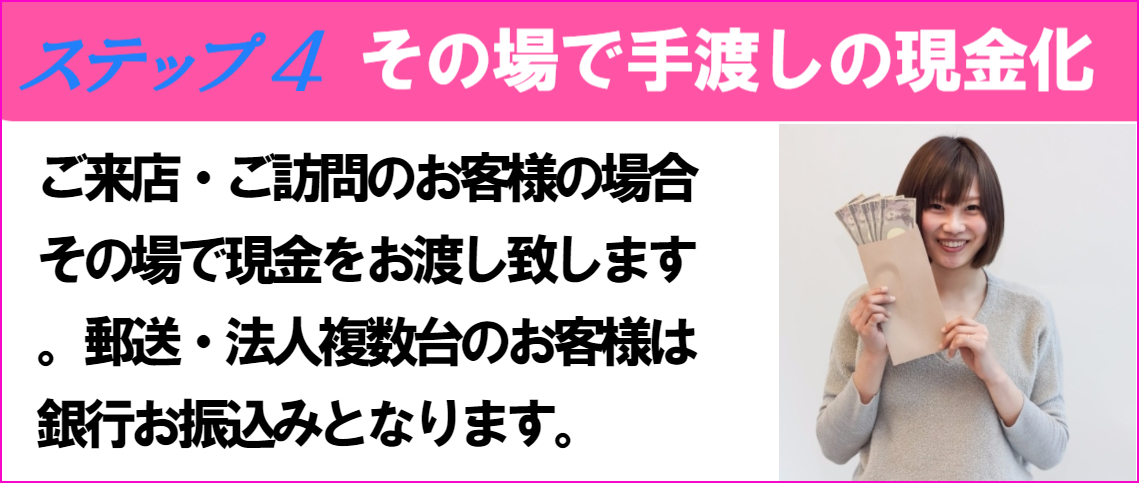 買取りご利用までの流れ4、ご来店・ご訪問のお客様はその場で現金化して現金をお渡しさせて頂きます。郵送・法人企業で複数台のお客様は銀行振り込みさせて頂きます。